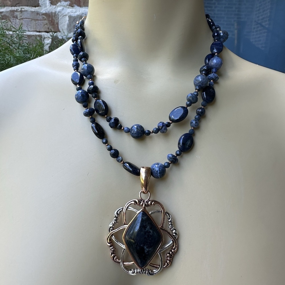 VTG Barse Pendant Bead Necklace 17.5 Inch Sodalite‎ Copper 925 Sterling 85.4g